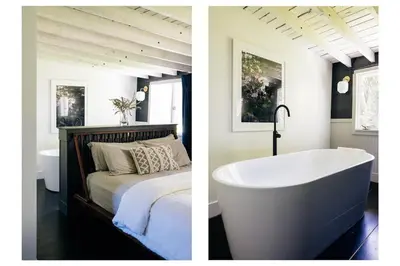 two pictures of a bathroom with a tub next to a bed at Suite 001 in Kenoza Lake