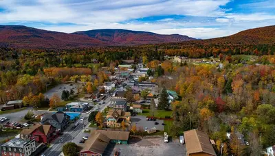 an aerial view of a small town in the mountains at Charming Retreat Walking in Tannersville