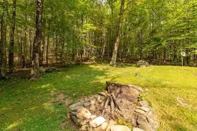 a fire pit in the middle of a field with trees at Cozy Berkshires Cabin with Lake, Beach, Hot Tub, Fireplace - The Wilde BNB