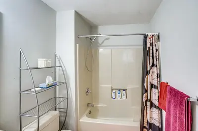a bathroom with a shower and a toilet at Ski, Hike and More Year-Round Gem in Windham in Windham