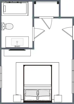 a schematic diagram of a kitchen with a refrigerator at Ambler Hotel in Saratoga Springs