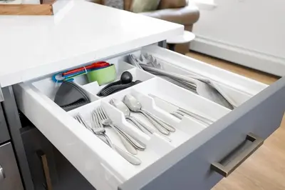 a drawer in a kitchen with cutlery at Chic Studio Close to Harbor Point in Stamford