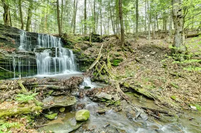 a waterfall in the middle of a forest at Hike and Baseball Near Cooperstown Home on 30 Acres in Westford