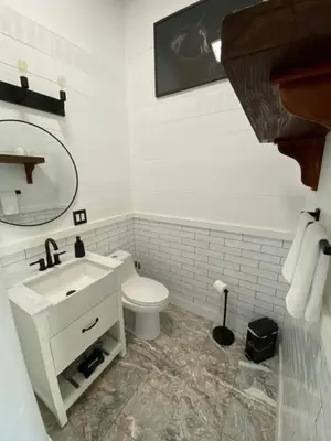 a bathroom with a white toilet and a sink at Mountain Lodge Retreat, Near New Paltz & Hikes in New Paltz