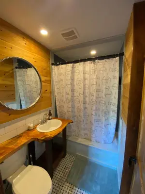 a bathroom with a toilet and a sink and a shower at Mountain Lodge Retreat, Near New Paltz & Hikes in New Paltz