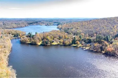 an aerial view of a lake in the middle of a forest at Catskills Lakefront with Kayaks, HotTub & Firepit in Swan Lake