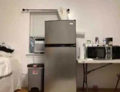 a refrigerator in a kitchen next to a microwave at sarah suite in Mount Vernon