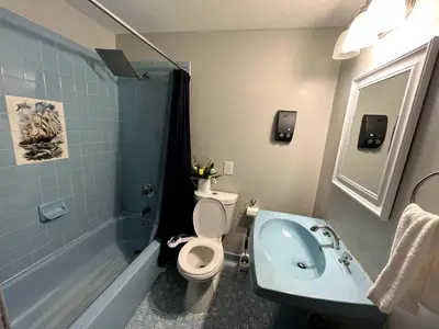 a bathroom with a toilet and a sink and a tub at Massive 5BD/4BA 3-Story Duplex @ Downtown Albany in Albany