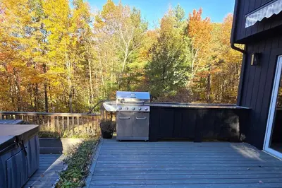 a stove on top of a patio with trees at House 15 mins from Woodstock NY with stunning views in Shokan