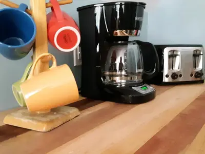 a coffee maker sitting on top of a counter at Apartment on the Battenkill River in Greenwich