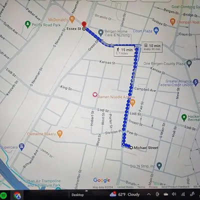 a google map with a blue line on it at Private Bedroom In Shared Apt B in South Hackensack