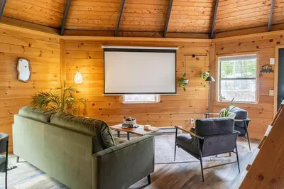a living room with a couch and a screen at The Lily Pad - Hunter NY in Elka Park