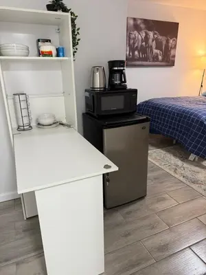 a room with a room with a bed and a microwave at Ultra Contemporary Loft in Scarsdale