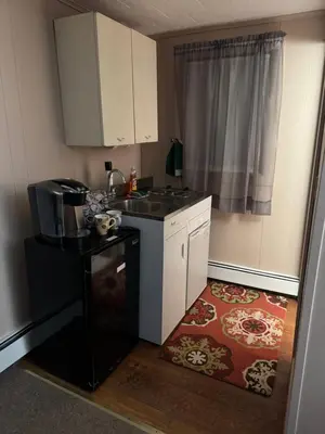 a small kitchen with a sink and a stove at West Wind Motel in Fleischmanns