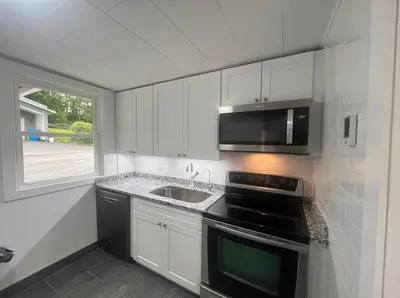 a kitchen with a sink and a microwave at Adirondack Home #8 in Hamilton