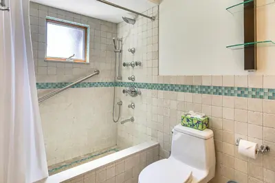 a bathroom with a shower and a toilet and a tub at Walk to Bethel Woods Family Home with Deck and Views! in Swan Lake