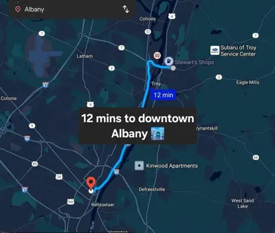 a map of mins to downtown alavis at Nintendo, Filtered H2O, Cafe, Central, Self-Check in Troy
