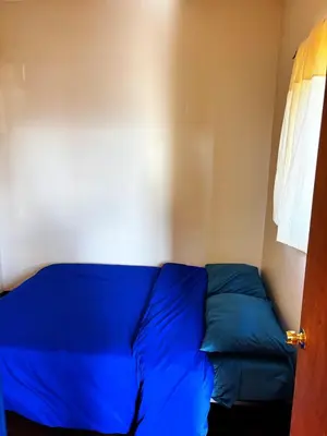 a bed in a room with a blue pillow at Nintendo, Filtered H2O, Cafe, Central, Self-Check in Troy