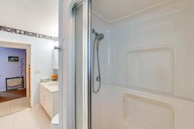 a bathroom with a shower and a sink at 1 Mi to Hunter Mtn Cozy Unit on 6-Acre Property! in Hunter