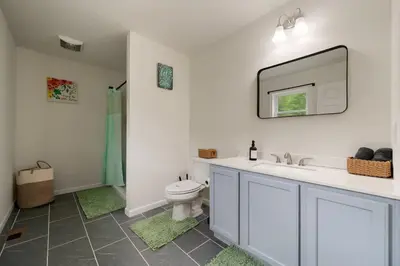 a bathroom with a toilet and a sink and a mirror at Upstate NY Escape - Game Ready, Game Room, Pool Table, Firepit, Delaware River in Sparrow Bush