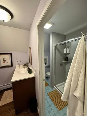 a bathroom with a sink and a shower at Nature's Nest - Woodland Retreat - Fireplace - Quiet and Cozy in Bethlehem