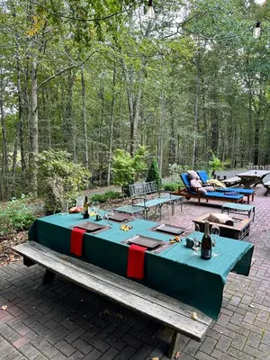 a picnic table with a green and red table cloth at Nature's Nest - Woodland Retreat - Fireplace - Quiet and Cozy in Bethlehem