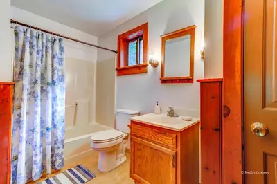 a bathroom with a toilet and a sink and a shower at Charming Forest Cabin with a Hammock near Delaware Water Gap National Recreation Area, Pennsylvania in Canadensis