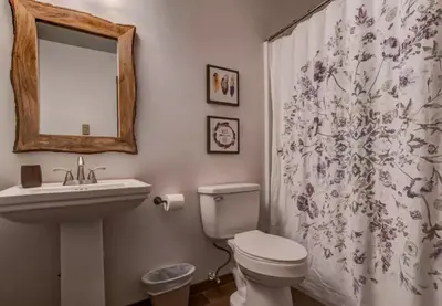 a bathroom with a toilet and a sink and a mirror at Cozy Cottage Rental with Small Private Pond in Canadensis, Pennsylvania in Canadensis