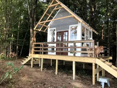 a dog standing on the porch of a tiny house at Romantic New York Getaway near the Adirondacks in Cambridge