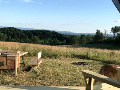 a picnic table and a bench in a field at Runamuk Farm Camp with a View near the Adirondacks in Cambridge