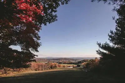 a view of the countryside from a field with trees at Runamuk Farm Camp Tiny House near Cambridge, New York in Cambridge