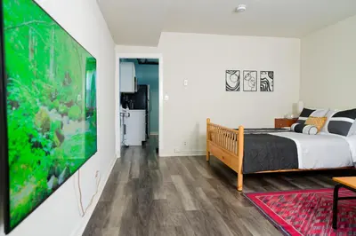 a bedroom with a bed and a flat screen tv at Croton Nook - Cozy Getaway in Croton-on-Hudson