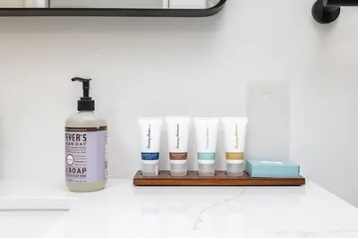a shelf with four toothbrushes and a bottle of soap at Cottage At Yale in New Haven