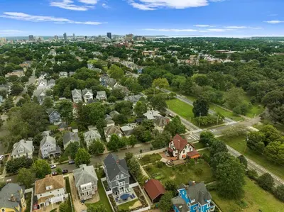 an aerial view of a residential neighborhood with houses at Red Cross Haven in New Haven
