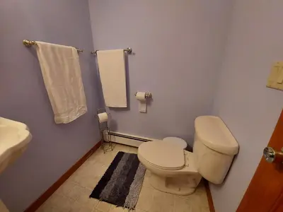 a bathroom with a toilet and a sink at Spacious House with a Pool in Glen Spey