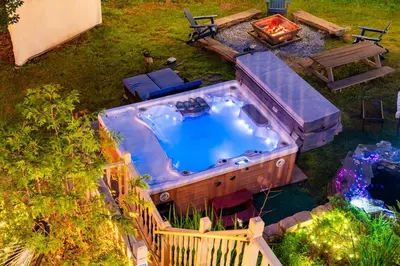 an overhead view of a hot tub in a backyard at Hideaway Hot Tub Sunna Lake Kayaks Pool in Bushkill