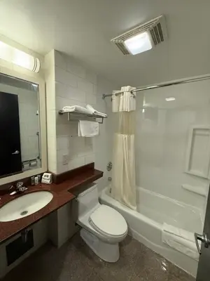 a bathroom with a toilet and a sink and a shower at Nova Hotel Bronx in Melrose