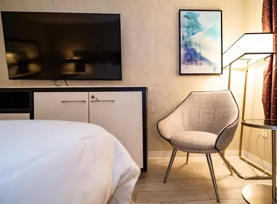 a bedroom with a bed and a chair and a tv at Nova Hotel Bronx in Melrose