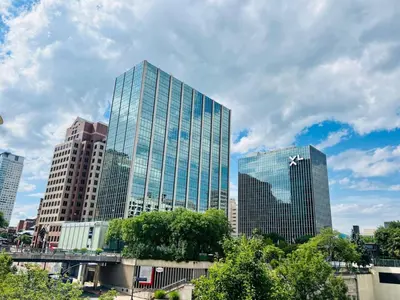 a group of tall buildings in a city at Historic Studio Near Trinity College with Fast WiFi in Hartford