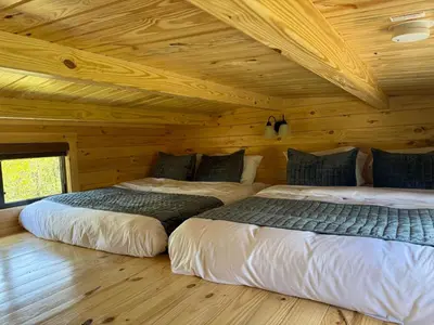 two beds in a room with wooden walls at Tiny Cabin #2 by Windham NY Escape 'Cozy Stay' in Hensonville