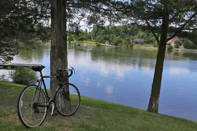 a bike parked next to a tree next to a lake at Cozy Camper Retreat on Sleepy Hollow Lake in Athens