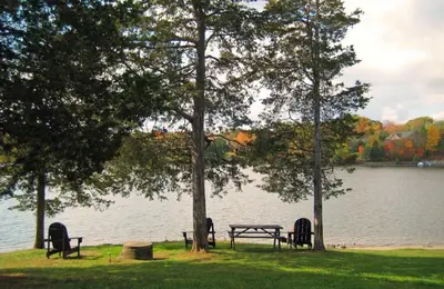 a park with a bench and trees next to a lake at Cozy Camper Retreat on Sleepy Hollow Lake in Athens