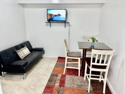 a living room with a couch and a table and a tv at 2 Bedroom Apt in LIC, Private WITH BACKYARD ! in Roosevelt Island