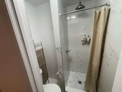 a bathroom with a shower with a toilet at Renovated Studio in Union Square in New York