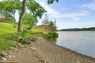 a rocky shoreline with a tree and the water at Riverfront Hudson Valley Gem with Beach Access! in Athens