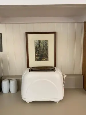a toaster sitting in a room with a picture on the wall at Green River Cottage in Guilford