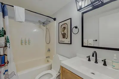 a bathroom with a sink and a toilet and a mirror at 5A Mountain Village - Unit A in Dover