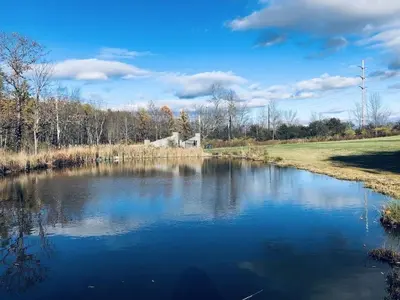 a small pond in the middle of a field at End of the Rainbow in Ballston Lake