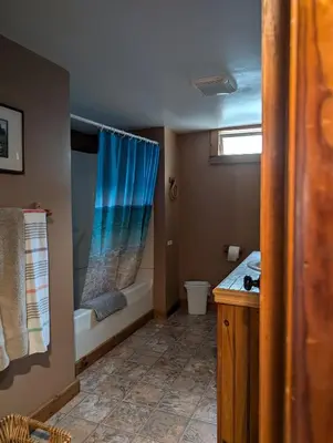 a bathroom with a tub and a toilet and a shower at Logged Inn in Caroga Lake