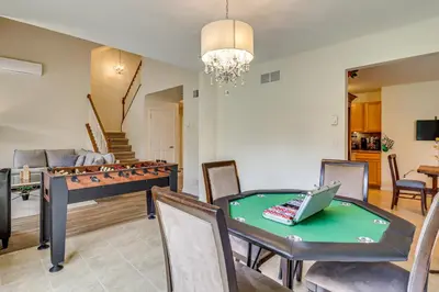 a living room with a ping pong table and a pool table at Family Retreat with 2 Game Rooms and Deck in Long Pond in Long Pond